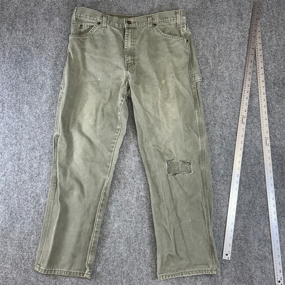 Dickies Carpenter Pants Mens 36x28 Olive Green Distressed Canvas Workwear Duck